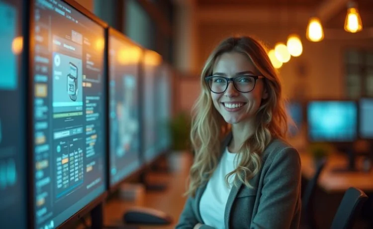 Ein warm beleuchtetes, modernes Büro mit einem lächelnden Menschen vor einem großen Bildschirm, der gleichzeitig Gesprächspartner und Technologie präsentiert, umgeben von natürlichen Lichtstrahlen und dezenten Details einer offenen, einladenden Arbeitsatmosphäre.