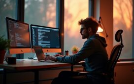 Eine warme, helle Büroszene mit einem konzentrierten Entwickler, der entspannt vor einem modernen Laptop sitzt, umgeben von einem zweiten Bildschirm, der parallel eine übersichtliche Git-GUI zeigt, während durch große Fenster sanftes Tageslicht den Raum flutet und die Balance zwischen Kommandozeile und grafischem Interface harmonisch betont.