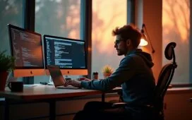 Eine warme, helle Büroszene mit einem konzentrierten Entwickler, der entspannt vor einem modernen Laptop sitzt, umgeben von einem zweiten Bildschirm, der parallel eine übersichtliche Git-GUI zeigt, während durch große Fenster sanftes Tageslicht den Raum flutet und die Balance zwischen Kommandozeile und grafischem Interface harmonisch betont.