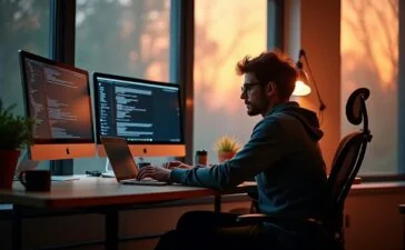 Eine warme, helle Büroszene mit einem konzentrierten Entwickler, der entspannt vor einem modernen Laptop sitzt, umgeben von einem zweiten Bildschirm, der parallel eine übersichtliche Git-GUI zeigt, während durch große Fenster sanftes Tageslicht den Raum flutet und die Balance zwischen Kommandozeile und grafischem Interface harmonisch betont.