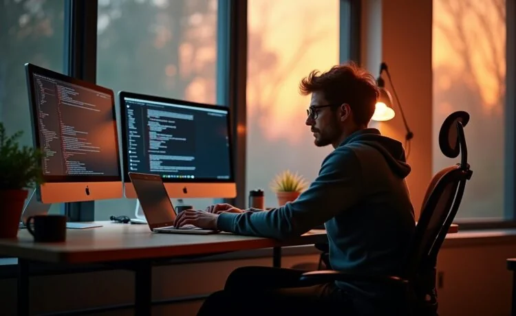 Eine warme, helle Büroszene mit einem konzentrierten Entwickler, der entspannt vor einem modernen Laptop sitzt, umgeben von einem zweiten Bildschirm, der parallel eine übersichtliche Git-GUI zeigt, während durch große Fenster sanftes Tageslicht den Raum flutet und die Balance zwischen Kommandozeile und grafischem Interface harmonisch betont.