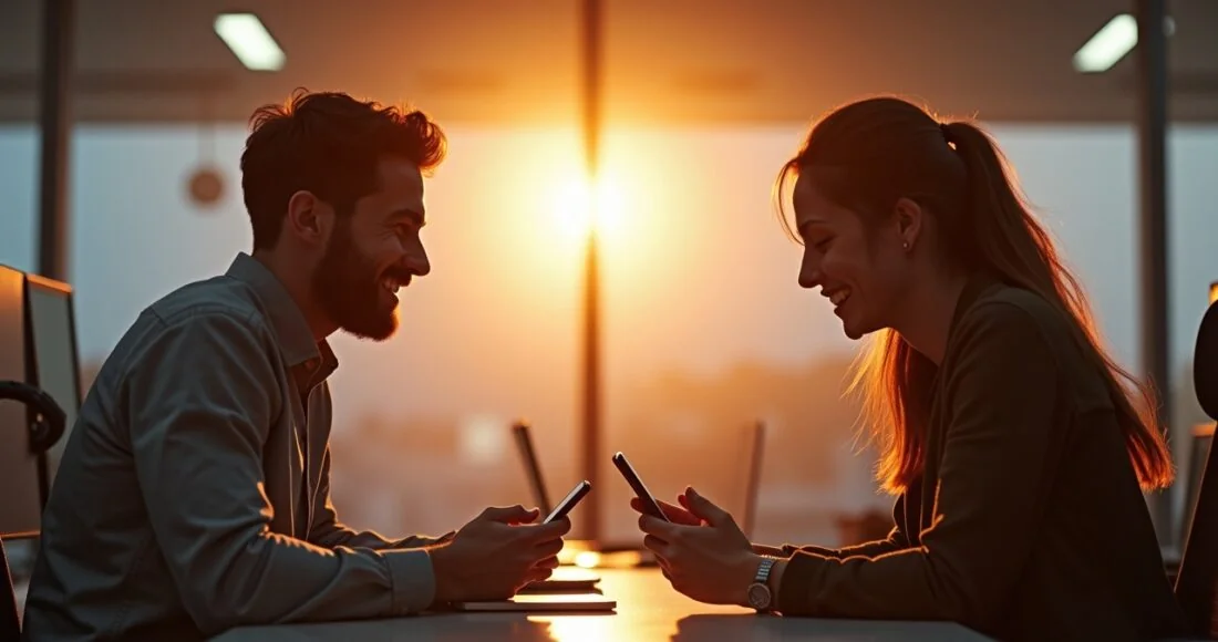 In einem hell erleuchteten, modern gestalteten Büro tauschen zwei junge Menschen mit einem Android- und einem Apple-Smartphone lächelnd Daten aus, umgeben von warmem Tageslicht, das eine Atmosphäre von Offenheit, gemeinsamer Innovation und freundlicher Zusammenarbeit schafft.