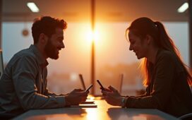 In einem hell erleuchteten, modern gestalteten Büro tauschen zwei junge Menschen mit einem Android- und einem Apple-Smartphone lächelnd Daten aus, umgeben von warmem Tageslicht, das eine Atmosphäre von Offenheit, gemeinsamer Innovation und freundlicher Zusammenarbeit schafft.