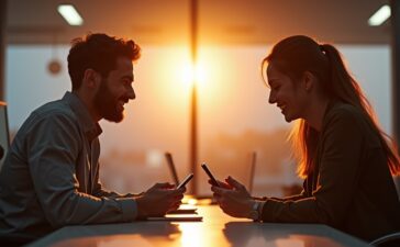 In einem hell erleuchteten, modern gestalteten Büro tauschen zwei junge Menschen mit einem Android- und einem Apple-Smartphone lächelnd Daten aus, umgeben von warmem Tageslicht, das eine Atmosphäre von Offenheit, gemeinsamer Innovation und freundlicher Zusammenarbeit schafft.