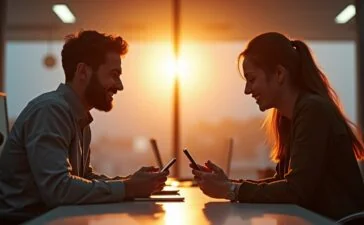 In einem hell erleuchteten, modern gestalteten Büro tauschen zwei junge Menschen mit einem Android- und einem Apple-Smartphone lächelnd Daten aus, umgeben von warmem Tageslicht, das eine Atmosphäre von Offenheit, gemeinsamer Innovation und freundlicher Zusammenarbeit schafft.