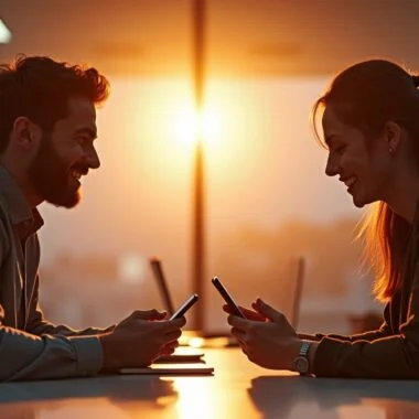 In einem hell erleuchteten, modern gestalteten Büro tauschen zwei junge Menschen mit einem Android- und einem Apple-Smartphone lächelnd Daten aus, umgeben von warmem Tageslicht, das eine Atmosphäre von Offenheit, gemeinsamer Innovation und freundlicher Zusammenarbeit schafft.