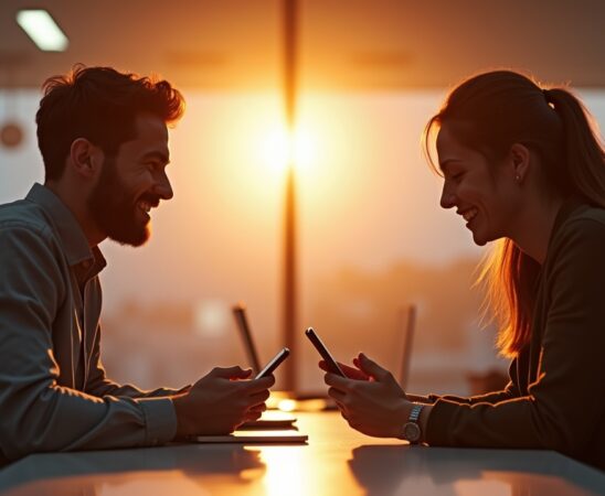 In einem hell erleuchteten, modern gestalteten Büro tauschen zwei junge Menschen mit einem Android- und einem Apple-Smartphone lächelnd Daten aus, umgeben von warmem Tageslicht, das eine Atmosphäre von Offenheit, gemeinsamer Innovation und freundlicher Zusammenarbeit schafft.