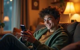 Ein hell beleuchtetes, lebendiges Porträt eines nachdenklichen Jugendlichen, umgeben von warmen Holz- und Naturtönen, der im gemütlichen Wohnraum entspannt auf einem Sofa mit einem Smartphone in der Hand sitzt und in ein digitales Gespräch vertieft ist – die Szene strahlt eine freundliche, intime Atmosphäre aus und fängt die zarte Spannung zwischen digitaler Nähe und menschlicher Distanz ein.