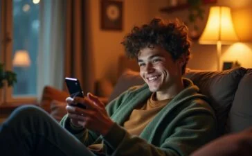Ein hell beleuchtetes, lebendiges Porträt eines nachdenklichen Jugendlichen, umgeben von warmen Holz- und Naturtönen, der im gemütlichen Wohnraum entspannt auf einem Sofa mit einem Smartphone in der Hand sitzt und in ein digitales Gespräch vertieft ist – die Szene strahlt eine freundliche, intime Atmosphäre aus und fängt die zarte Spannung zwischen digitaler Nähe und menschlicher Distanz ein.