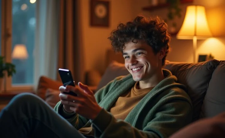 Ein hell beleuchtetes, lebendiges Porträt eines nachdenklichen Jugendlichen, umgeben von warmen Holz- und Naturtönen, der im gemütlichen Wohnraum entspannt auf einem Sofa mit einem Smartphone in der Hand sitzt und in ein digitales Gespräch vertieft ist – die Szene strahlt eine freundliche, intime Atmosphäre aus und fängt die zarte Spannung zwischen digitaler Nähe und menschlicher Distanz ein.
