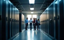 Ein heller, freundlicher Büroraum mit mehreren arbeitenden Menschen vor großen Server-Racks, natürliches Tageslicht fällt sanft herein und vermittelt entschlossene Zusammenarbeit in der intensiven Cyber-Sicherheitsoperation.