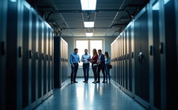 Ein heller, freundlicher Büroraum mit mehreren arbeitenden Menschen vor großen Server-Racks, natürliches Tageslicht fällt sanft herein und vermittelt entschlossene Zusammenarbeit in der intensiven Cyber-Sicherheitsoperation.