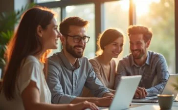 Ein lichtdurchflutetes, modernes Büro mit lächelnden Fachkräften unterschiedlicher Herkunft, die gemeinsam am Laptop über komplexe KI-Systeme diskutieren, während natürliche Sonnenstrahlen eine warme, vertrauensvolle Atmosphäre schaffen und das Thema Verantwortung und Zusammenarbeit im digitalen Zeitalter lebendig machen.