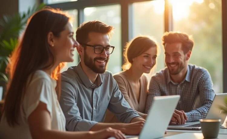 Ein lichtdurchflutetes, modernes Büro mit lächelnden Fachkräften unterschiedlicher Herkunft, die gemeinsam am Laptop über komplexe KI-Systeme diskutieren, während natürliche Sonnenstrahlen eine warme, vertrauensvolle Atmosphäre schaffen und das Thema Verantwortung und Zusammenarbeit im digitalen Zeitalter lebendig machen.