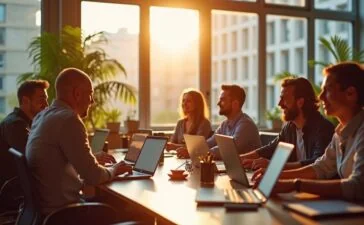 Ein modernes, helles Büro mit natürlichen Sonnenstrahlen, in dem eine diverse Gruppe konzentrierter Menschen entspannt vor Laptops zusammensitzt, während im Hintergrund große Fenster eine freundliche, warme Atmosphäre schaffen und so das Thema digitale Sicherheit und gemeinsames Verantwortungsbewusstsein eindrucksvoll vermitteln.