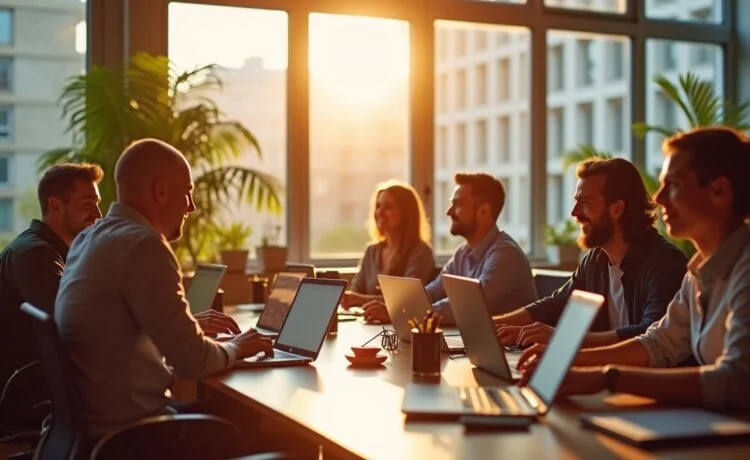 Ein modernes, helles Büro mit natürlichen Sonnenstrahlen, in dem eine diverse Gruppe konzentrierter Menschen entspannt vor Laptops zusammensitzt, während im Hintergrund große Fenster eine freundliche, warme Atmosphäre schaffen und so das Thema digitale Sicherheit und gemeinsames Verantwortungsbewusstsein eindrucksvoll vermitteln.