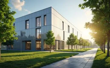 Sonnenbeschienenes, modernes Rechenzentrum mit klarer Architektur und gläserner Fassade, umgeben von grünen Bäumen, die in harmonischem Zusammenspiel Nachhaltigkeit und zukunftsweisende digitale Infrastruktur ausstrahlen – eine warme und einladende Szene voller natürlichem Licht und lebendiger Details.