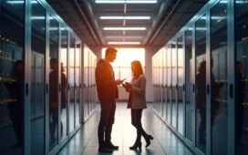 Ein hell erleuchteter moderner Serverraum mit klar strukturierten, glänzenden Gerätereihen, in dem ein technikerfreundliches Team entspannt lächelnd an mobilen Tablets zusammenarbeitet, während weiches Tageslicht durch große Fenster fällt und eine warme, einladende Atmosphäre schafft, die den innovativen Wandel zu effizienter Hochverfügbarkeit ohne doppelte Systeme symbolisiert.