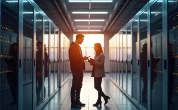 Ein hell erleuchteter moderner Serverraum mit klar strukturierten, glänzenden Gerätereihen, in dem ein technikerfreundliches Team entspannt lächelnd an mobilen Tablets zusammenarbeitet, während weiches Tageslicht durch große Fenster fällt und eine warme, einladende Atmosphäre schafft, die den innovativen Wandel zu effizienter Hochverfügbarkeit ohne doppelte Systeme symbolisiert.