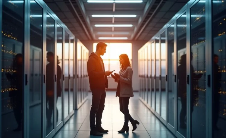 Ein hell erleuchteter moderner Serverraum mit klar strukturierten, glänzenden Gerätereihen, in dem ein technikerfreundliches Team entspannt lächelnd an mobilen Tablets zusammenarbeitet, während weiches Tageslicht durch große Fenster fällt und eine warme, einladende Atmosphäre schafft, die den innovativen Wandel zu effizienter Hochverfügbarkeit ohne doppelte Systeme symbolisiert.