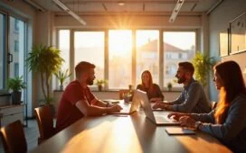 Ein strahlend helles Büro mit natürlichen Sonnenstrahlen, in dem ein engagiertes Entwicklerteam entspannt und konzentriert an modernen Laptops arbeitet, umgeben von klar strukturierten Notizen und einer freundlichen, warmen Atmosphäre, die Kreativität und professionelle Teamarbeit in der Webentwicklung symbolisiert.