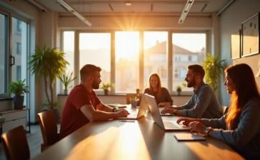 Ein strahlend helles Büro mit natürlichen Sonnenstrahlen, in dem ein engagiertes Entwicklerteam entspannt und konzentriert an modernen Laptops arbeitet, umgeben von klar strukturierten Notizen und einer freundlichen, warmen Atmosphäre, die Kreativität und professionelle Teamarbeit in der Webentwicklung symbolisiert.