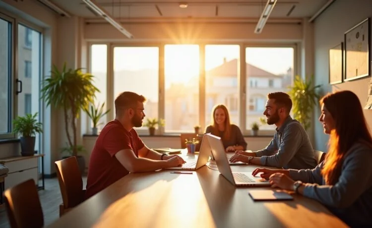 Ein strahlend helles Büro mit natürlichen Sonnenstrahlen, in dem ein engagiertes Entwicklerteam entspannt und konzentriert an modernen Laptops arbeitet, umgeben von klar strukturierten Notizen und einer freundlichen, warmen Atmosphäre, die Kreativität und professionelle Teamarbeit in der Webentwicklung symbolisiert.