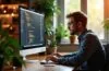 Ein warm ausgeleuchtetes, modernes Entwicklerbüro mit einem engagierten Webdesigner, der konzentriert an einem großen Bildschirm sitzt, auf dem lebendige Codezeilen und strukturierte HTML5-Elemente zu sehen sind, umgeben von frischen Pflanzen und Tageslicht, das eine freundliche und inspirierende Arbeitsatmosphäre schafft.