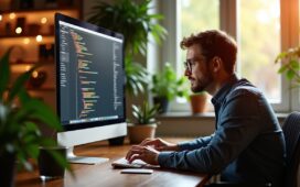 Ein warm ausgeleuchtetes, modernes Entwicklerbüro mit einem engagierten Webdesigner, der konzentriert an einem großen Bildschirm sitzt, auf dem lebendige Codezeilen und strukturierte HTML5-Elemente zu sehen sind, umgeben von frischen Pflanzen und Tageslicht, das eine freundliche und inspirierende Arbeitsatmosphäre schafft.