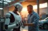In einem modernen Münchner Industrieatelier arbeitet ein humanoider Roboter im warmen, natürlichen Licht Hand in Hand mit einem lächelnden Ingenieur an einer Fahrzeugkomponente, während im Hintergrund sanfte Sonnenstrahlen durch große Fenster die Mischung aus innovativer Technik und menschlicher Zusammenarbeit einladend inszenieren.