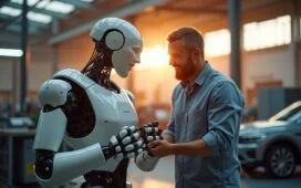 In einem modernen Münchner Industrieatelier arbeitet ein humanoider Roboter im warmen, natürlichen Licht Hand in Hand mit einem lächelnden Ingenieur an einer Fahrzeugkomponente, während im Hintergrund sanfte Sonnenstrahlen durch große Fenster die Mischung aus innovativer Technik und menschlicher Zusammenarbeit einladend inszenieren.