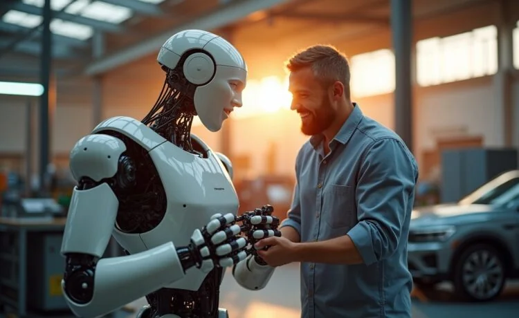 In einem modernen Münchner Industrieatelier arbeitet ein humanoider Roboter im warmen, natürlichen Licht Hand in Hand mit einem lächelnden Ingenieur an einer Fahrzeugkomponente, während im Hintergrund sanfte Sonnenstrahlen durch große Fenster die Mischung aus innovativer Technik und menschlicher Zusammenarbeit einladend inszenieren.