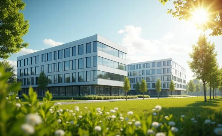 Ein strahlend helles, editorial aufgenommenes Bild eines modernen europäischen Rechenzentrums im sonnigen Tageslicht, umgeben von grünen Bäumen und sanftem blauen Himmel, das durch seine realistischen Details und warme Farbgebung Nachhaltigkeit, technologische Innovation und die dynamische Entwicklung digitaler Infrastruktur in Europa mit einer freundlichen, einladenden Atmosphäre verkörpert.