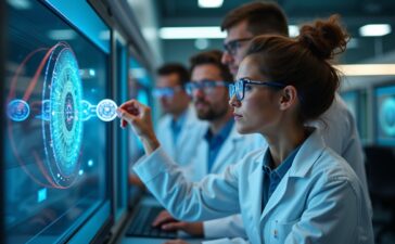 In einem hell erleuchteten, modernen Labor mit natürlichem Tageslicht betrachtet eine vielfältige Gruppe engagierter Wissenschaftler:innen voller Zuversicht und Teamgeist einen komplexen Quantenprozessor, während die warme Atmosphäre Innovation und Fortschritt in der Quantenära lebendig spürbar macht.