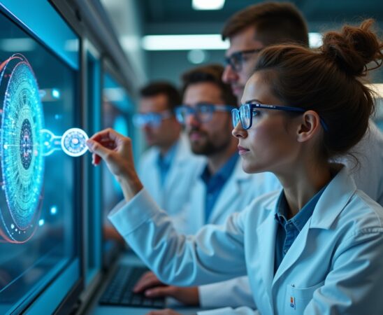 In einem hell erleuchteten, modernen Labor mit natürlichem Tageslicht betrachtet eine vielfältige Gruppe engagierter Wissenschaftler:innen voller Zuversicht und Teamgeist einen komplexen Quantenprozessor, während die warme Atmosphäre Innovation und Fortschritt in der Quantenära lebendig spürbar macht.