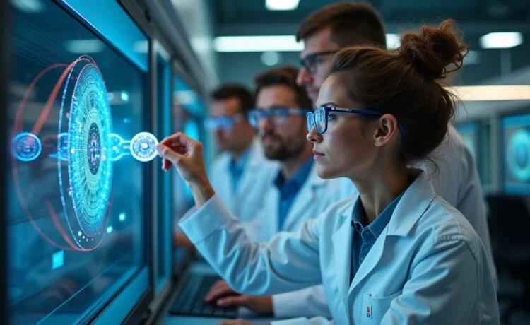 In einem hell erleuchteten, modernen Labor mit natürlichem Tageslicht betrachtet eine vielfältige Gruppe engagierter Wissenschaftler:innen voller Zuversicht und Teamgeist einen komplexen Quantenprozessor, während die warme Atmosphäre Innovation und Fortschritt in der Quantenära lebendig spürbar macht.