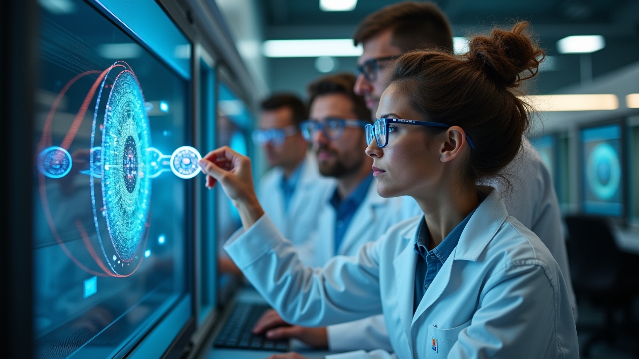 In einem hell erleuchteten, modernen Labor mit natürlichem Tageslicht betrachtet eine vielfältige Gruppe engagierter Wissenschaftler:innen voller Zuversicht und Teamgeist einen komplexen Quantenprozessor, während die warme Atmosphäre Innovation und Fortschritt in der Quantenära lebendig spürbar macht.