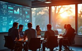 In einem modern gestalteten, lichtdurchfluteten Büro sitzt eine diverse Gruppe von Forschern und Entwicklern konzentriert um einen großen Bildschirm, auf dem komplexe Daten und KI-Modelle schemenhaft erkennbar sind, während warmes Sonnenlicht durch große Fenster fällt und eine Atmosphäre von Offenheit, Zusammenarbeit und verantwortungsvoller Innovation ausstrahlt.