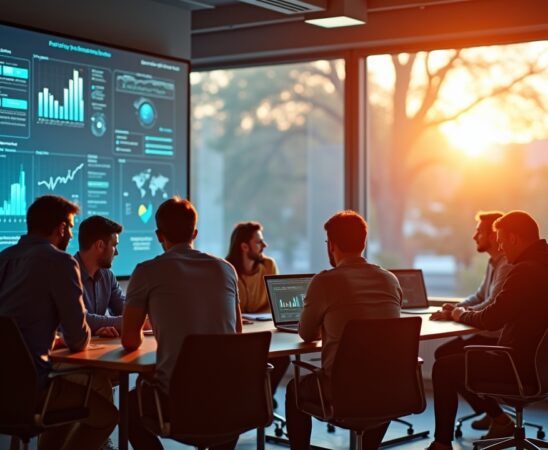 In einem modern gestalteten, lichtdurchfluteten Büro sitzt eine diverse Gruppe von Forschern und Entwicklern konzentriert um einen großen Bildschirm, auf dem komplexe Daten und KI-Modelle schemenhaft erkennbar sind, während warmes Sonnenlicht durch große Fenster fällt und eine Atmosphäre von Offenheit, Zusammenarbeit und verantwortungsvoller Innovation ausstrahlt.