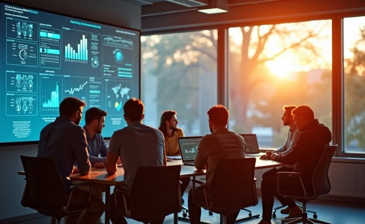 In einem modern gestalteten, lichtdurchfluteten Büro sitzt eine diverse Gruppe von Forschern und Entwicklern konzentriert um einen großen Bildschirm, auf dem komplexe Daten und KI-Modelle schemenhaft erkennbar sind, während warmes Sonnenlicht durch große Fenster fällt und eine Atmosphäre von Offenheit, Zusammenarbeit und verantwortungsvoller Innovation ausstrahlt.