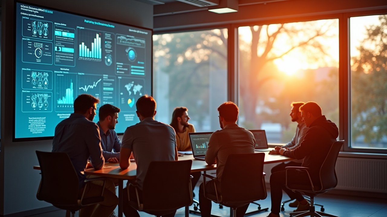 In einem modern gestalteten, lichtdurchfluteten Büro sitzt eine diverse Gruppe von Forschern und Entwicklern konzentriert um einen großen Bildschirm, auf dem komplexe Daten und KI-Modelle schemenhaft erkennbar sind, während warmes Sonnenlicht durch große Fenster fällt und eine Atmosphäre von Offenheit, Zusammenarbeit und verantwortungsvoller Innovation ausstrahlt.