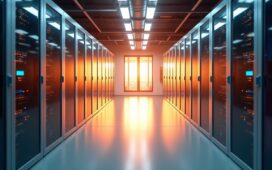 Ein hell erleuchteter, moderner Serverraum mit glänzenden, modularen Rechenzentren, sanft von warmem Tageslicht durchflutet, das die kühle Präzision der Immersionskühlung in elegantem Zusammenspiel aus Technologie und nachhaltiger Effizienz in ein einladend menschliches Licht taucht.