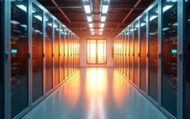 Ein hell erleuchteter, moderner Serverraum mit glänzenden, modularen Rechenzentren, sanft von warmem Tageslicht durchflutet, das die kühle Präzision der Immersionskühlung in elegantem Zusammenspiel aus Technologie und nachhaltiger Effizienz in ein einladend menschliches Licht taucht.