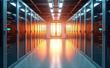 Ein hell erleuchteter, moderner Serverraum mit glänzenden, modularen Rechenzentren, sanft von warmem Tageslicht durchflutet, das die kühle Präzision der Immersionskühlung in elegantem Zusammenspiel aus Technologie und nachhaltiger Effizienz in ein einladend menschliches Licht taucht.