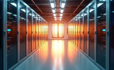 Ein hell erleuchteter, moderner Serverraum mit glänzenden, modularen Rechenzentren, sanft von warmem Tageslicht durchflutet, das die kühle Präzision der Immersionskühlung in elegantem Zusammenspiel aus Technologie und nachhaltiger Effizienz in ein einladend menschliches Licht taucht.