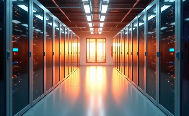 Ein hell erleuchteter, moderner Serverraum mit glänzenden, modularen Rechenzentren, sanft von warmem Tageslicht durchflutet, das die kühle Präzision der Immersionskühlung in elegantem Zusammenspiel aus Technologie und nachhaltiger Effizienz in ein einladend menschliches Licht taucht.