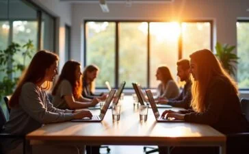 Ein hell erleuchtetes, modernes Büro mit entspannten Entwickler:innen, die konzentriert an Laptops arbeiten und lebhaft Ideen austauschen, während natürliches Tageslicht durch große Fenster fällt und eine warme, einladende Atmosphäre schafft, die den Prozess der Backend-for-Frontend-Implementierung lebendig und greifbar macht.