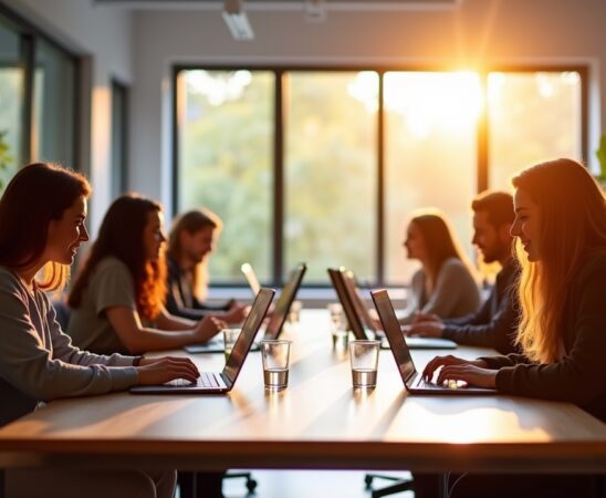 Ein hell erleuchtetes, modernes Büro mit entspannten Entwickler:innen, die konzentriert an Laptops arbeiten und lebhaft Ideen austauschen, während natürliches Tageslicht durch große Fenster fällt und eine warme, einladende Atmosphäre schafft, die den Prozess der Backend-for-Frontend-Implementierung lebendig und greifbar macht.