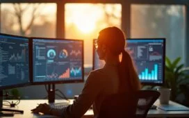 In einem hell erleuchteten, modernen Büro sitzt eine nachdenkliche Frau vor mehreren Bildschirmen mit Datenvisualisierungen, während warme Sonnenstrahlen sanft durch große Fenster fallen und eine Atmosphäre von Vertrautheit und technischer Spannung schaffen.
