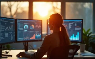 In einem hell erleuchteten, modernen Büro sitzt eine nachdenkliche Frau vor mehreren Bildschirmen mit Datenvisualisierungen, während warme Sonnenstrahlen sanft durch große Fenster fallen und eine Atmosphäre von Vertrautheit und technischer Spannung schaffen.